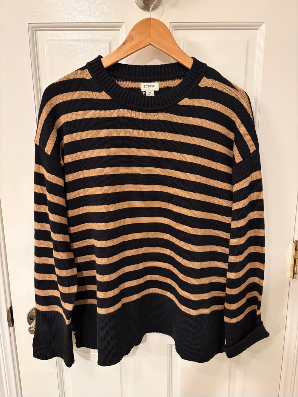 J. Crew Factory Black and Tan Striped Crewneck Sweater 100% Cotton